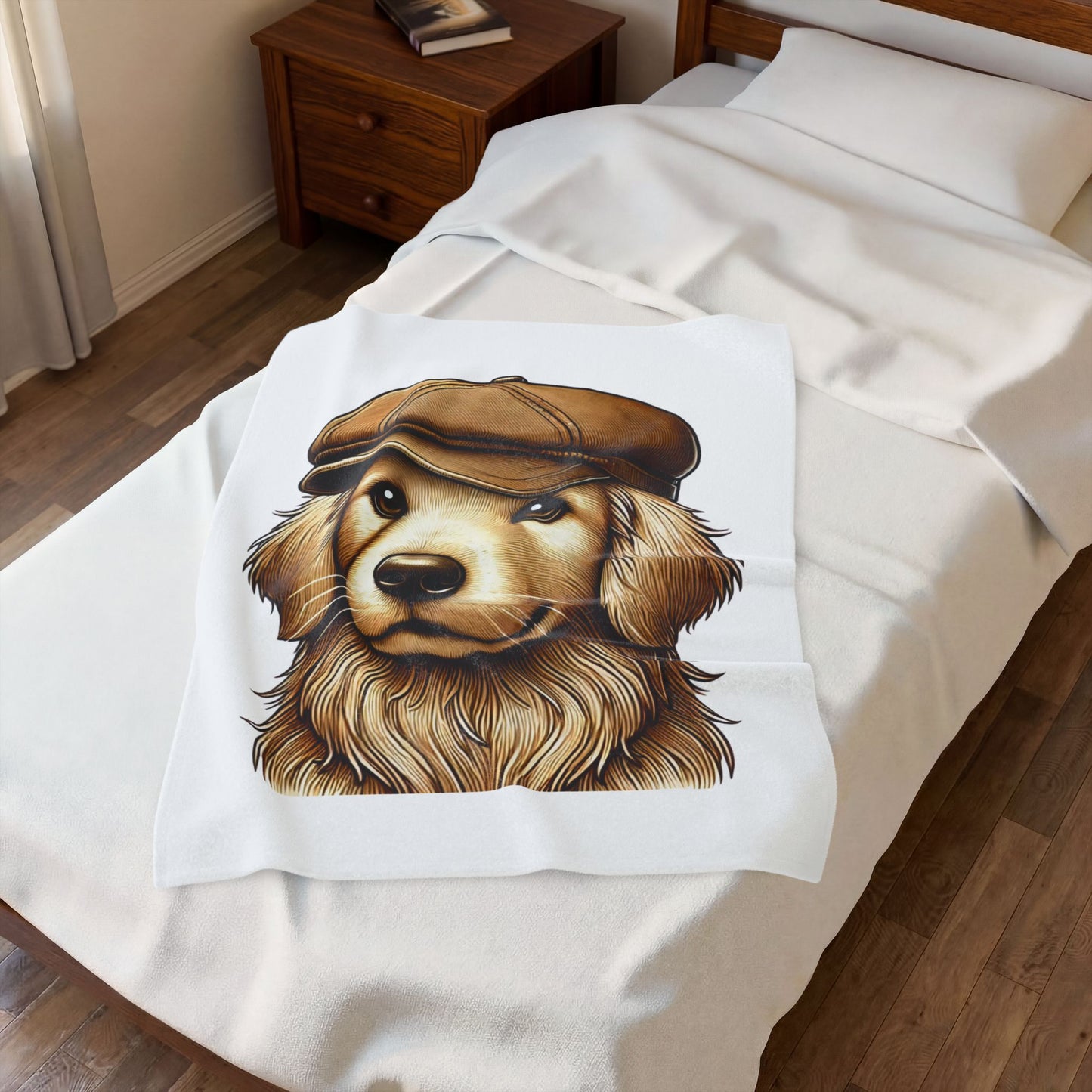 Golden Retriever Wearing a Newsboy Cap - Sherpa Blanket
