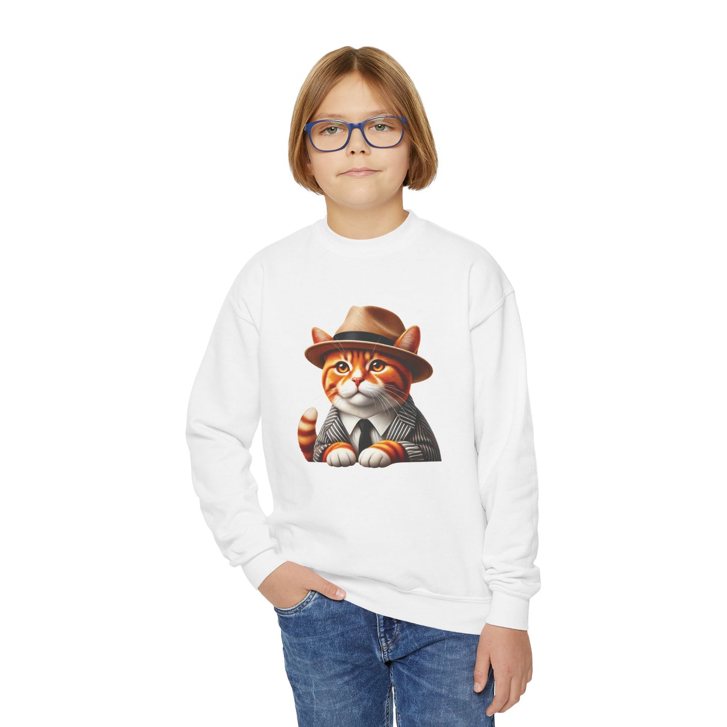 Tabby Cat Dressed In A Suit and Fedora Hat Youth Crewneck Sweatshirt - Too Cute Pets