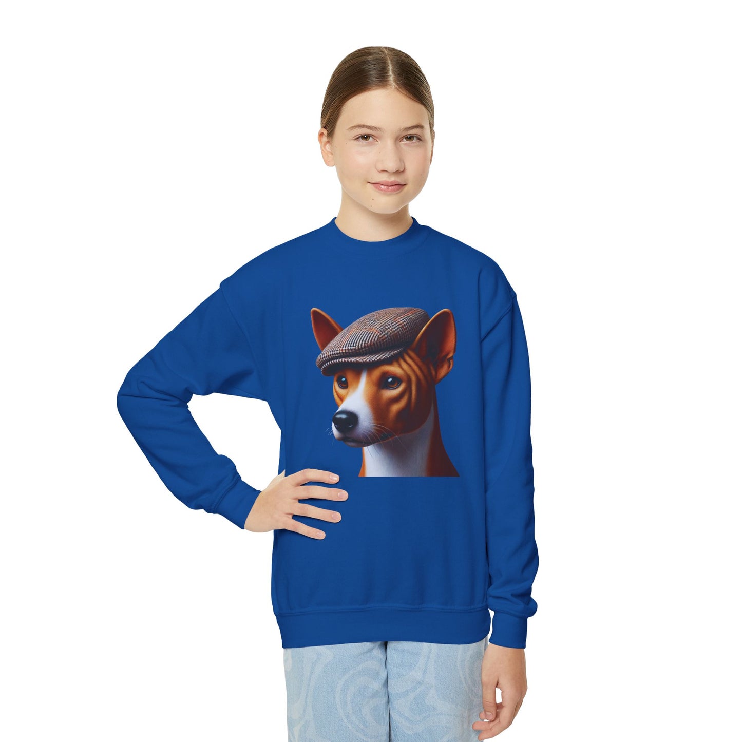 Basenji With Tweed Flat Cap - Youth Crewneck Sweatshirt - Too Cute Pets