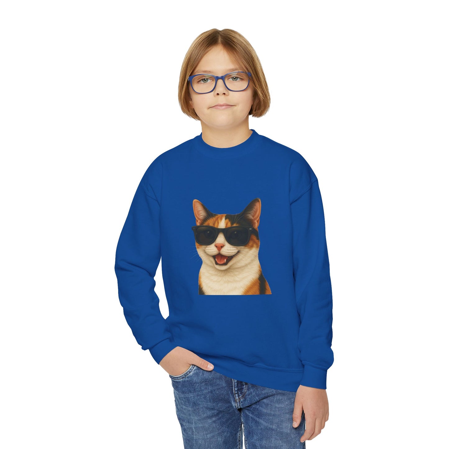 Calico Domestic Shorthaired Cat Wearing Sunglasses - Youth Sweatshirt