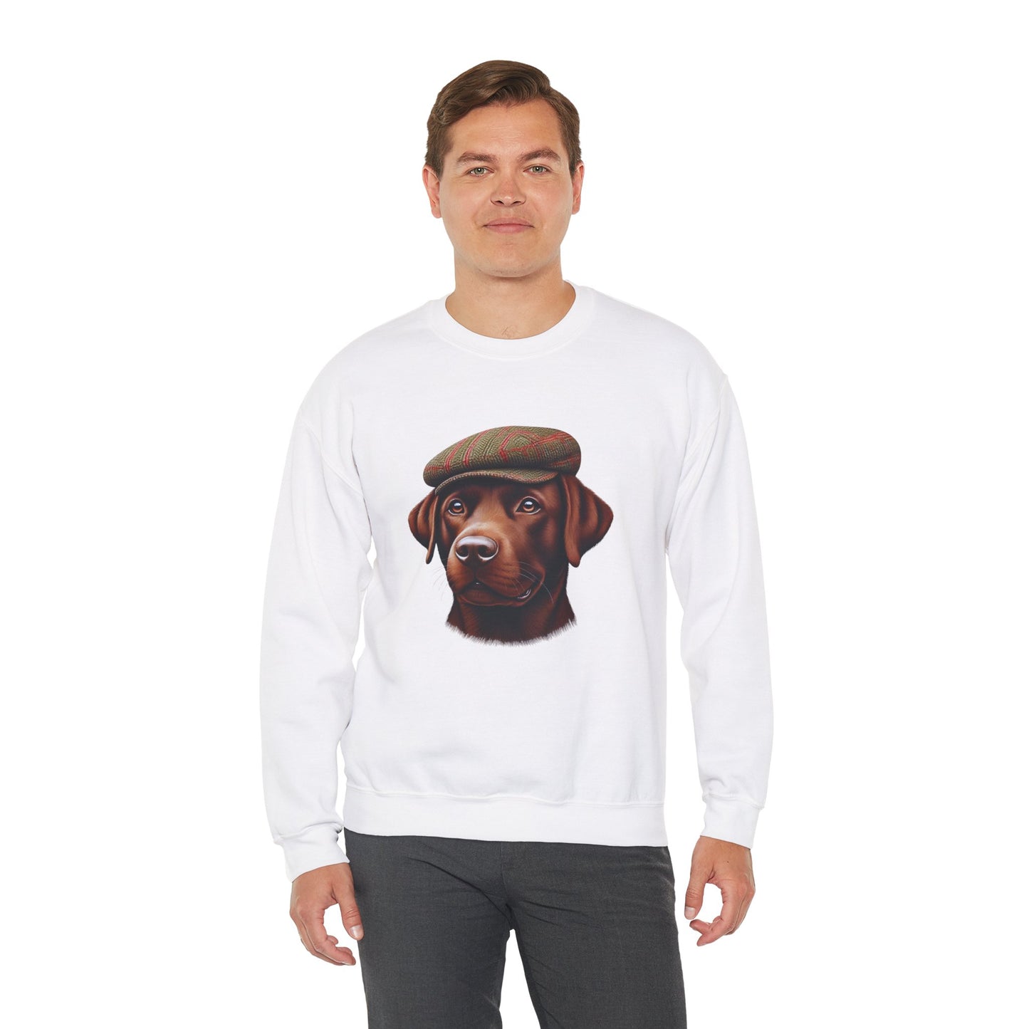 Brown Labrador Wearing Tweed Flat Cap- Adult Crewneck Sweatshirt - Too Cute Pets