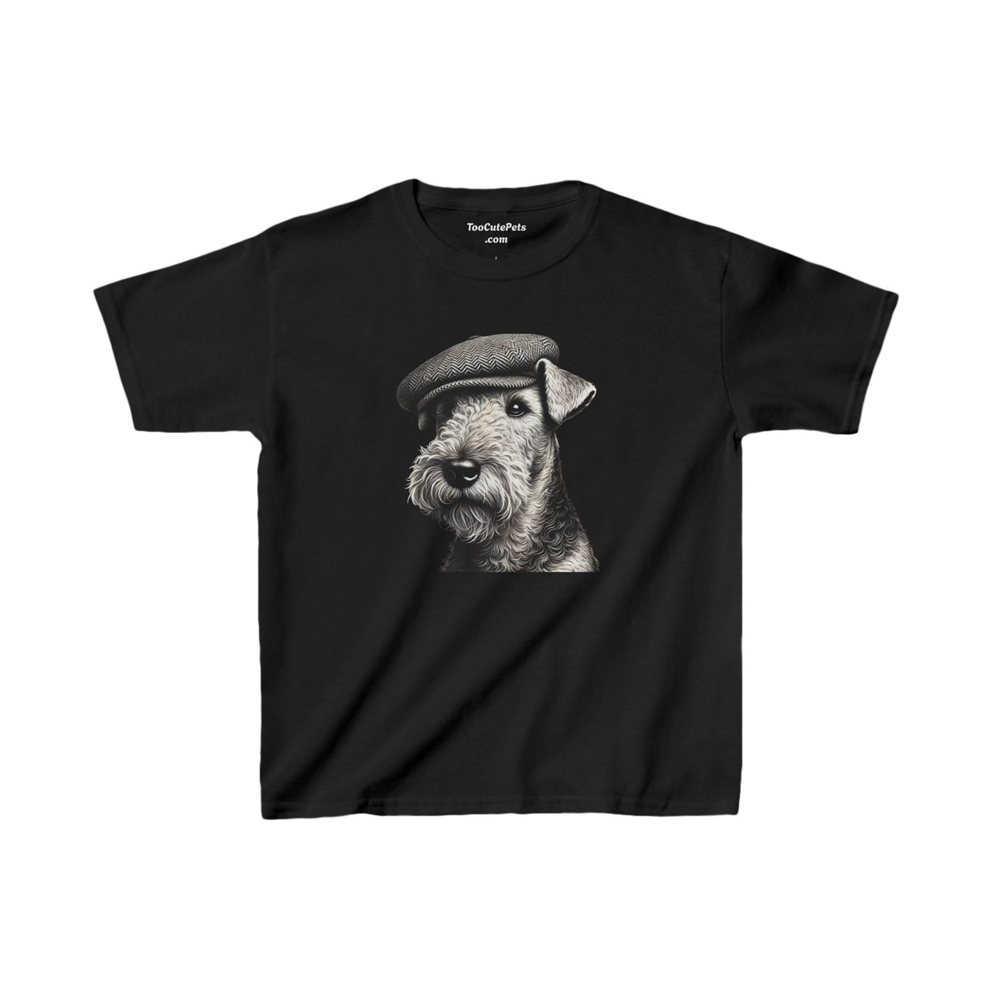 Aerdale Terrier Wearing Tweed Flat Cap (Black & White)-  Youth T-Shirt  - Too Cute Pets