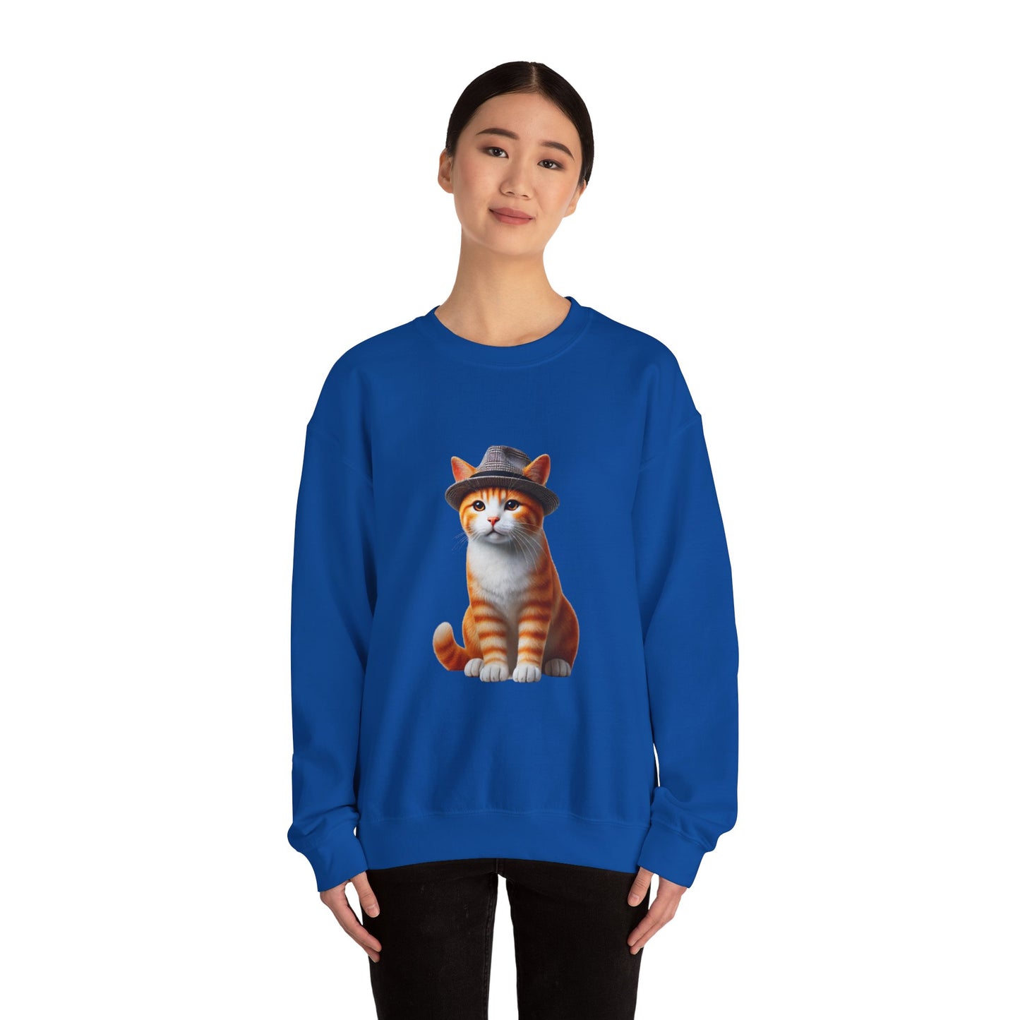 Cool Tabby Kitten Wearing Fedora Hat - Adult Crewneck Sweatshirt - Too Cute Pets