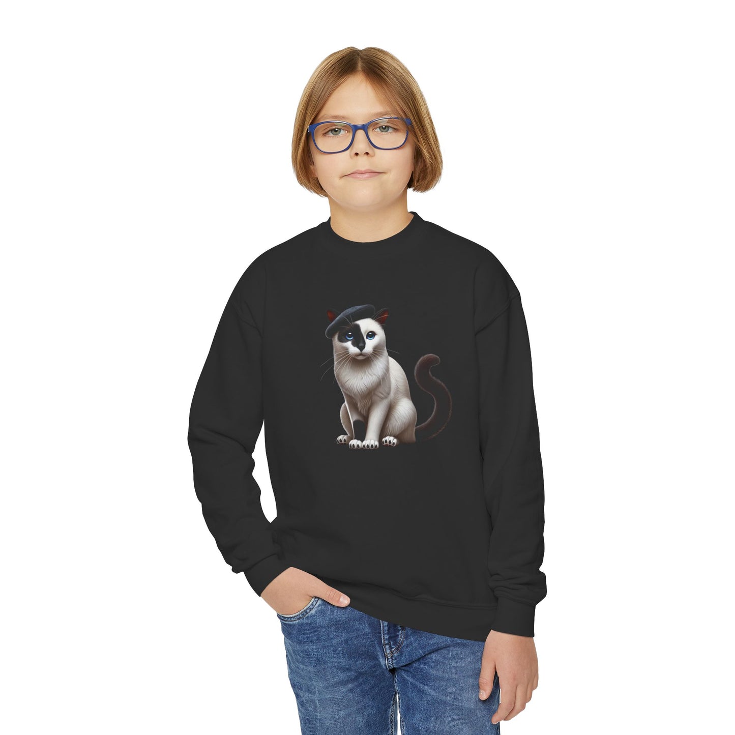 Black and White Cat Wearing A Beret - Youth Crewneck Sweatshirt - Too Cute Pets