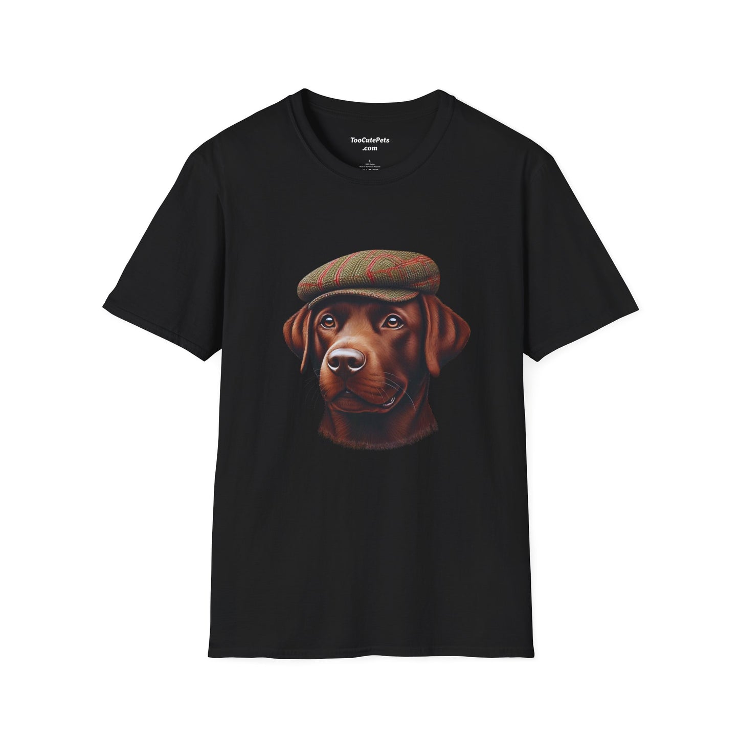 Brown Labrador Wearing Tweed Flat Cap - Adult T-Shirt - Too Cute Pets