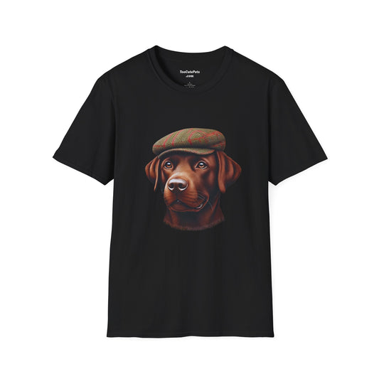 Brown Labrador Wearing Tweed Flat Cap - Adult T-Shirt - Too Cute Pets