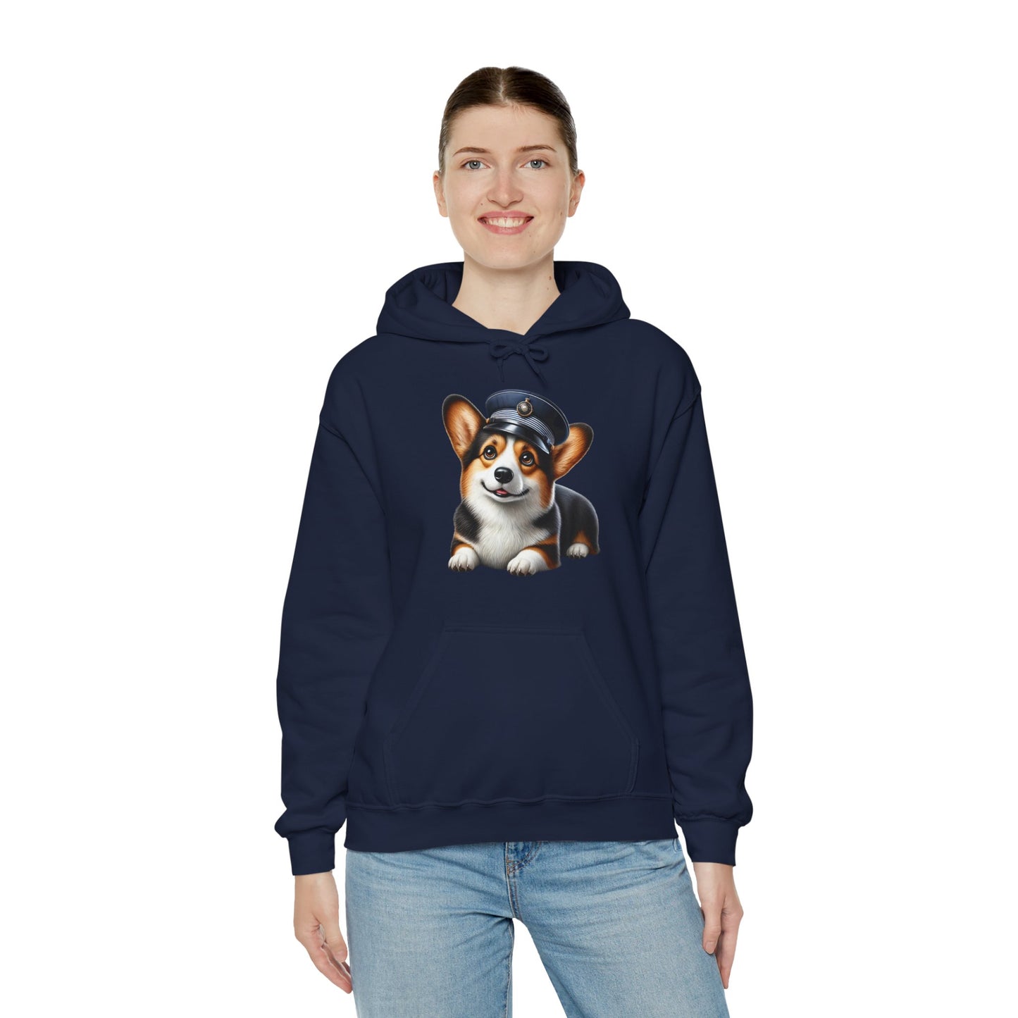 Cute Corgi Wearing A Train Conductors Hat - Adult Hoodie - Too Cute Pets