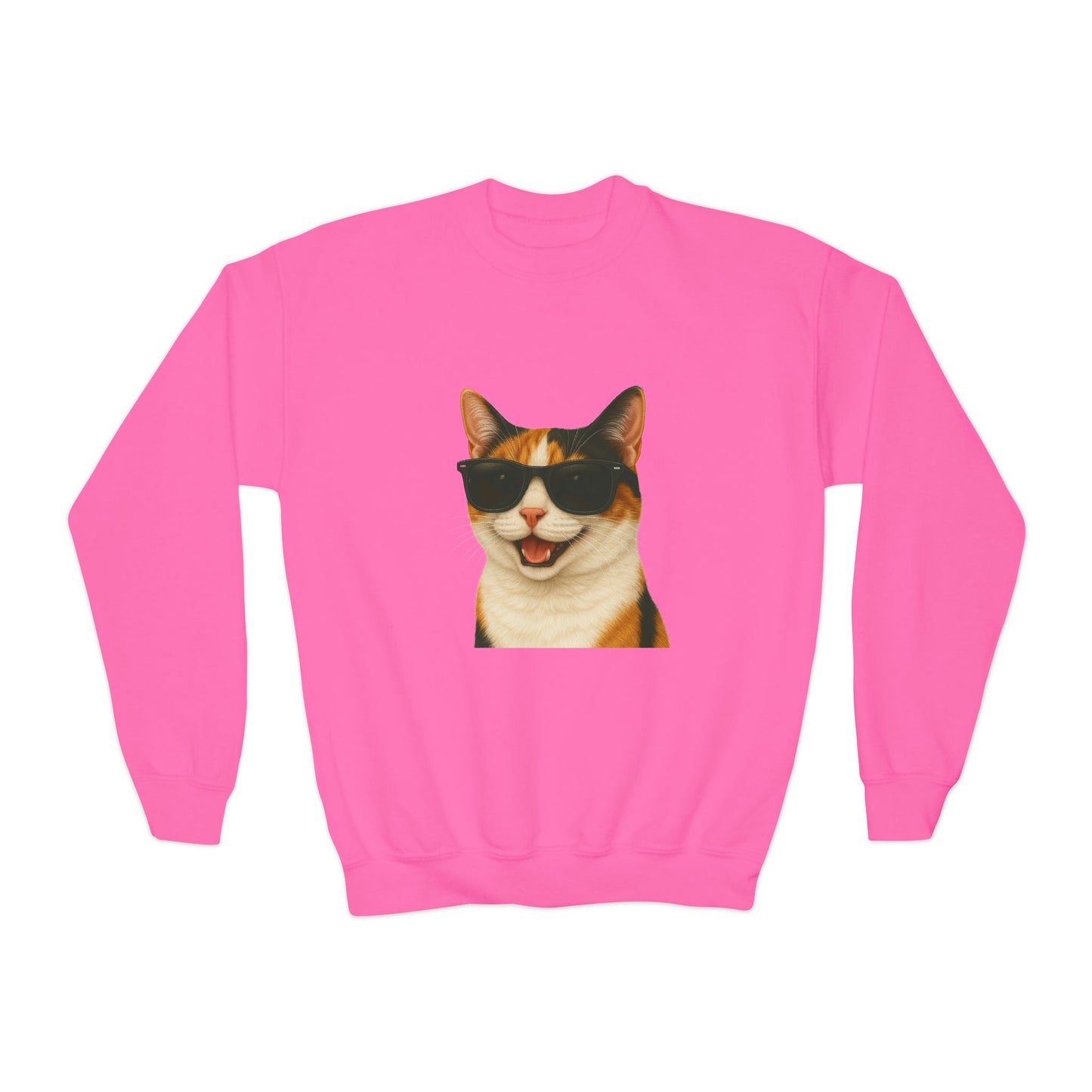 Calico Shorthair Cat Wearing Sunglasses - Youth Crewneck Sweatshirt