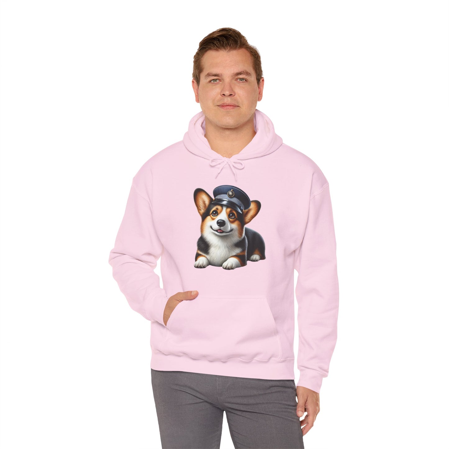 Cute Corgi Wearing A Train Conductors Hat - Adult Hoodie - Too Cute Pets