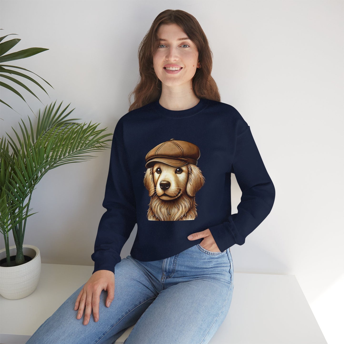 Golden Retriever In Newsboy Hat - Adult Crewneck Sweatshirt - Too Cute Pets