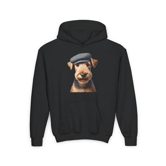 Aerdale Terrier in Tweed Flat Cap-  Youth Hoodie- Too Cute Pets