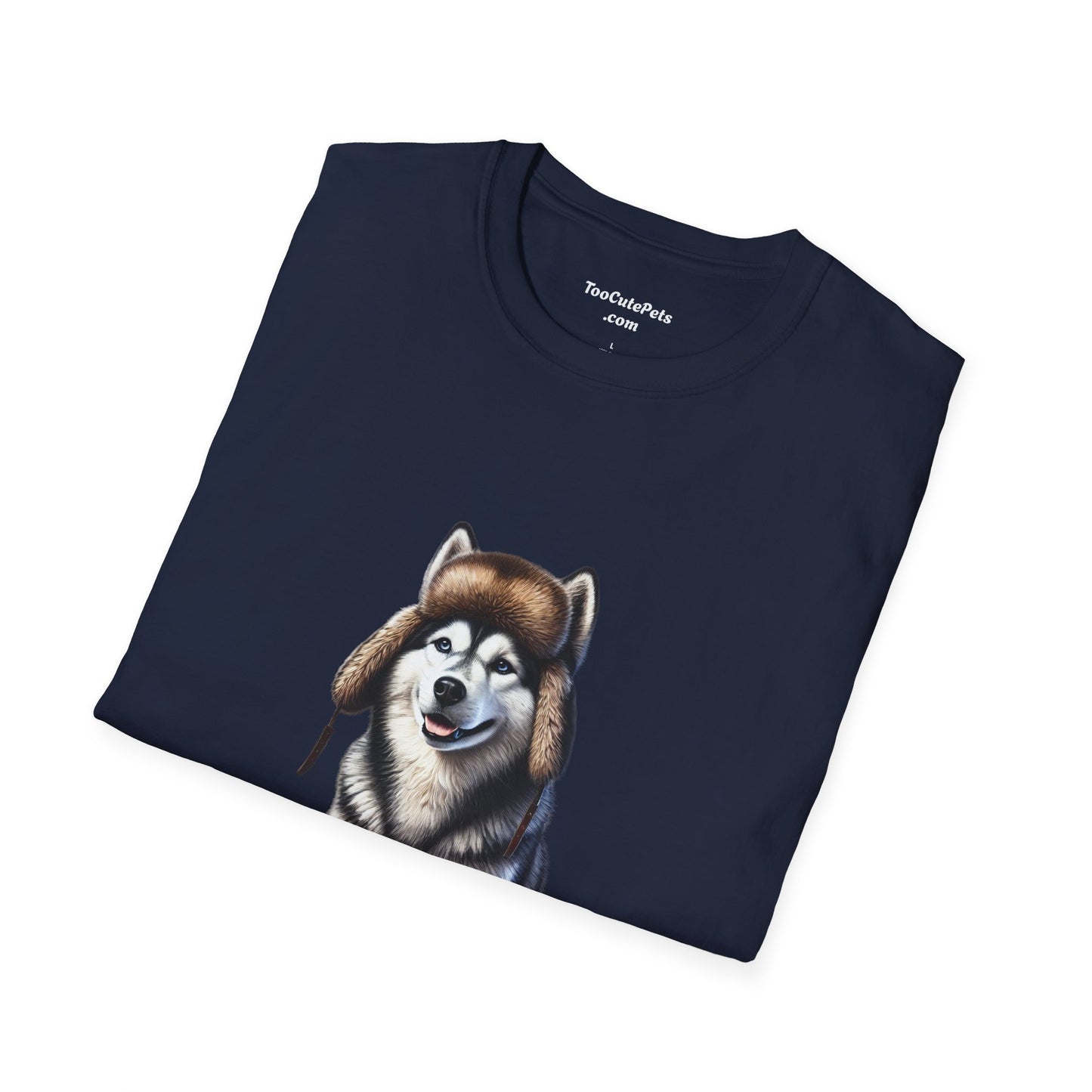 Husky Wearing A Fur Trappers hat- Adult T-Shirt - Too Cute Pets
