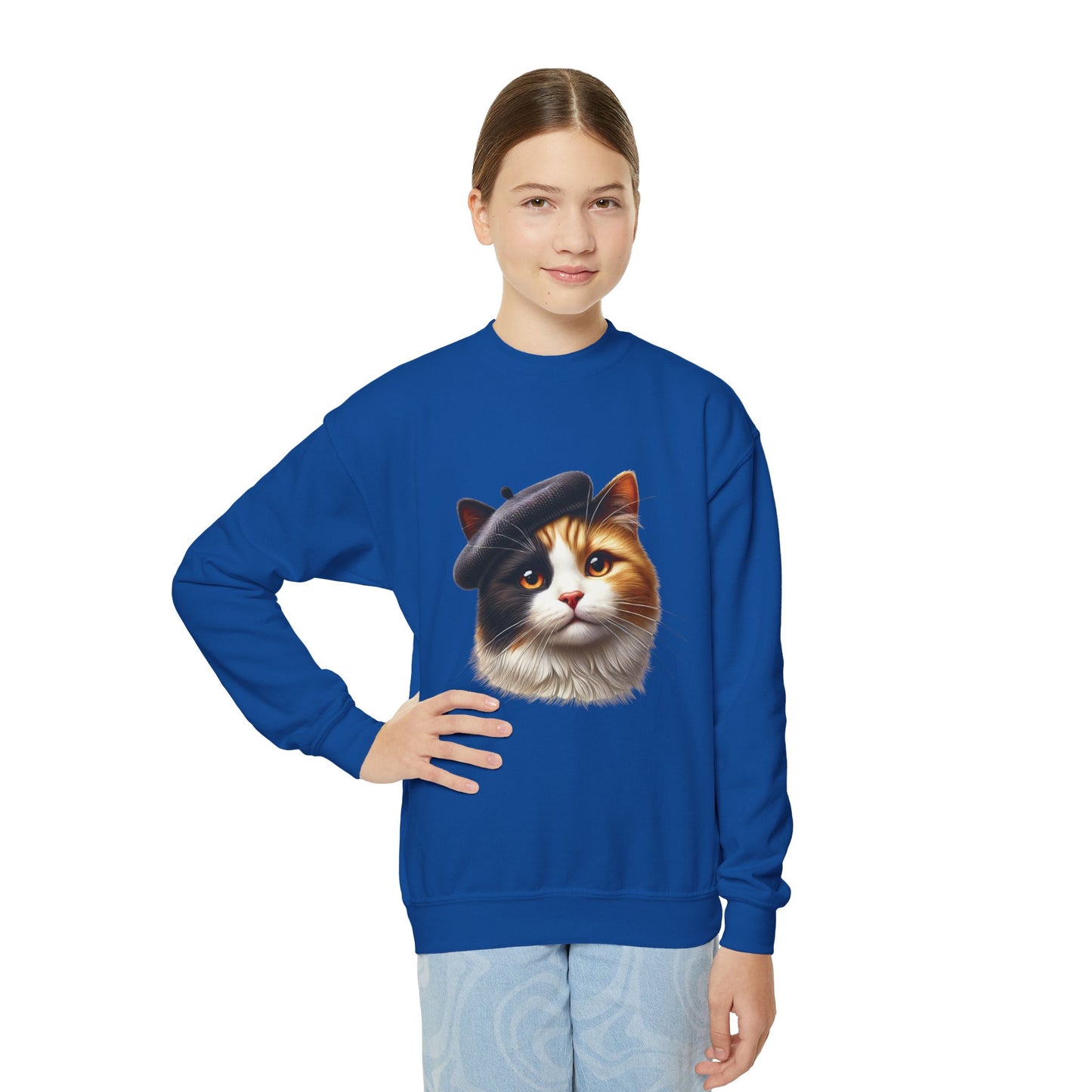 Calico Cat Wearing Beret Sweatshirt - Youth Crewneck Sweatshirt - Too Cute Pets
