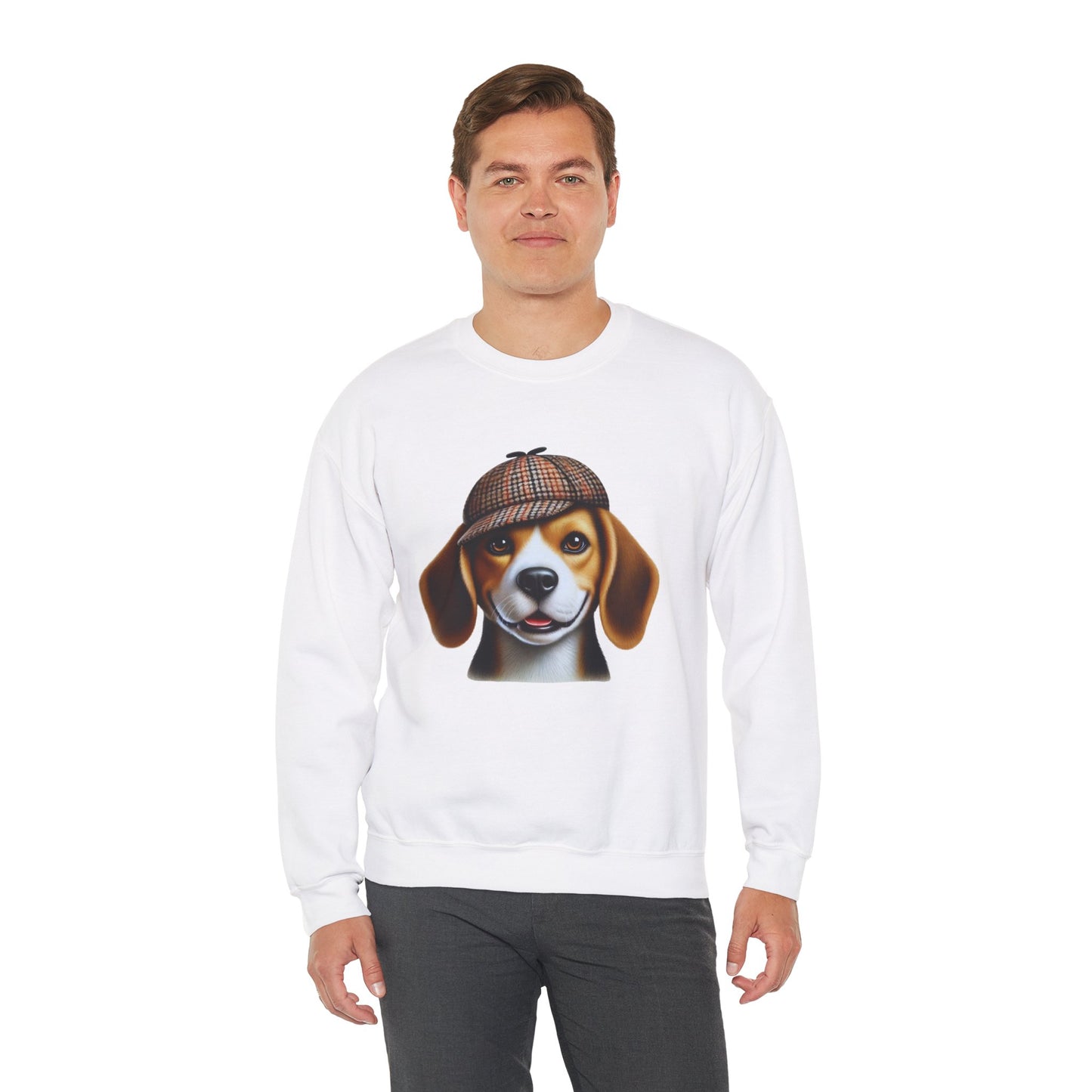 Smiling Beagle Wearing Deerstalker Hat - Adult Crewneck Sweatshirt - Too Cute Pets