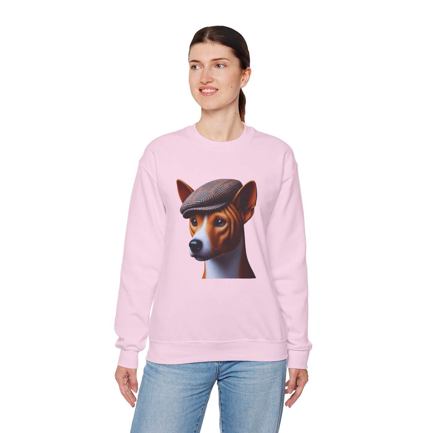 Basenji Wearing Tweed Flat Cap - Adult Crewneck Sweatshirt - Too Cute Pets