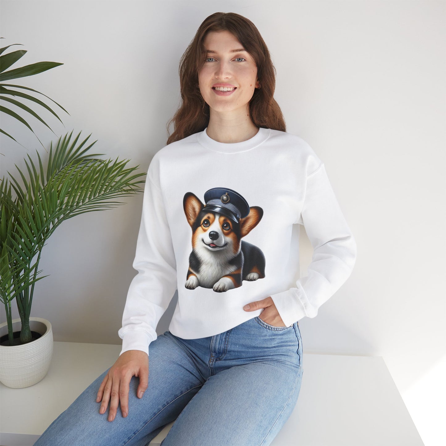 Cute Corgi Wearing A Train Conductors Hat- Adult Crewneck Sweatshirt - Too Cute Pets