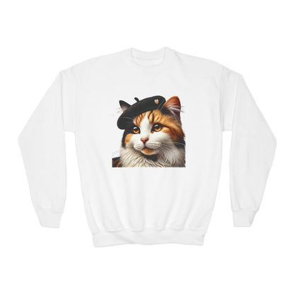 Calico Cat Wearing  a Heart Beret - Youth Crewneck Sweatshirt - Too Cute Pets