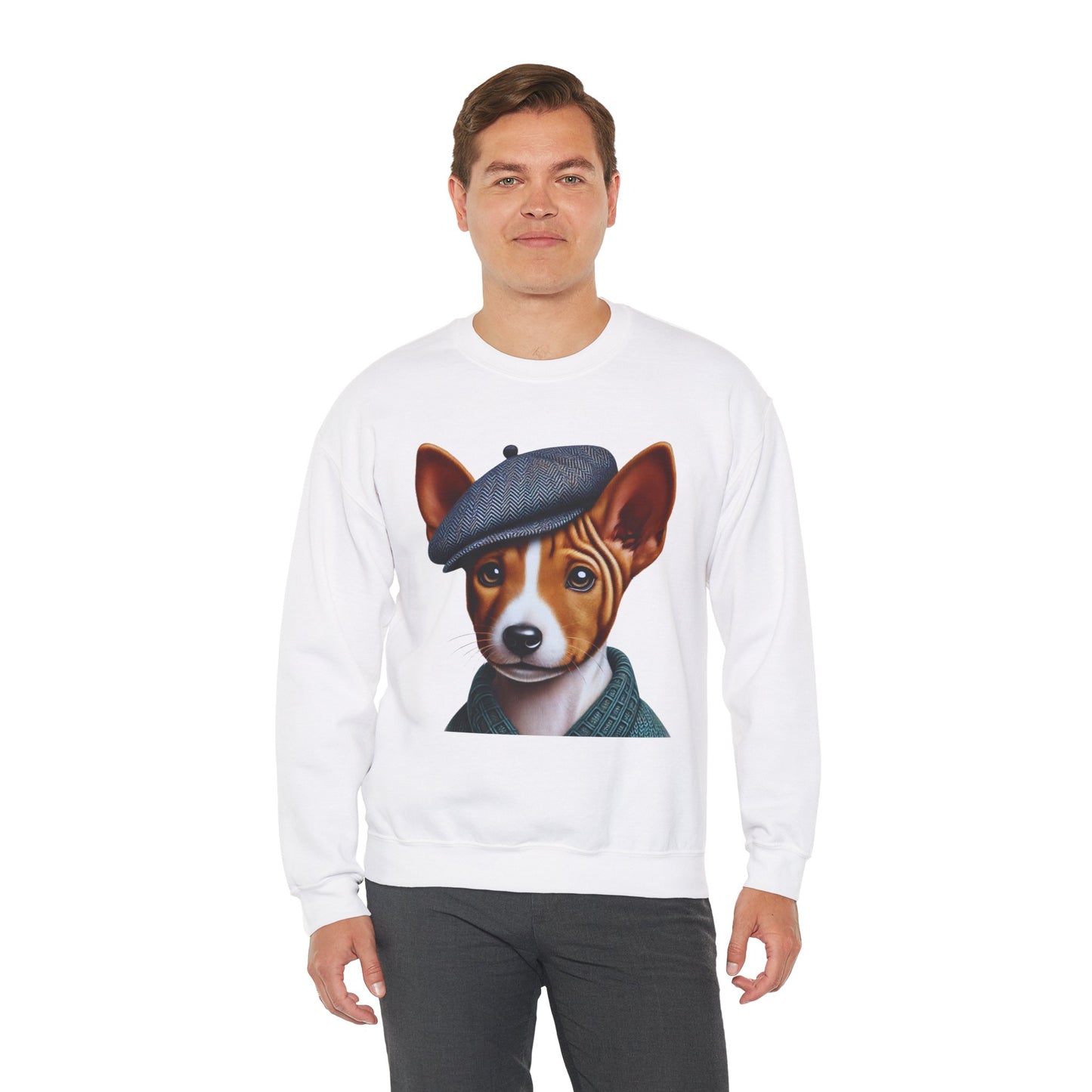 Cute Basenji Pup Wearing Tweed Flat Cap- Adult Crewneck Sweatshirt - Too Cute Pets