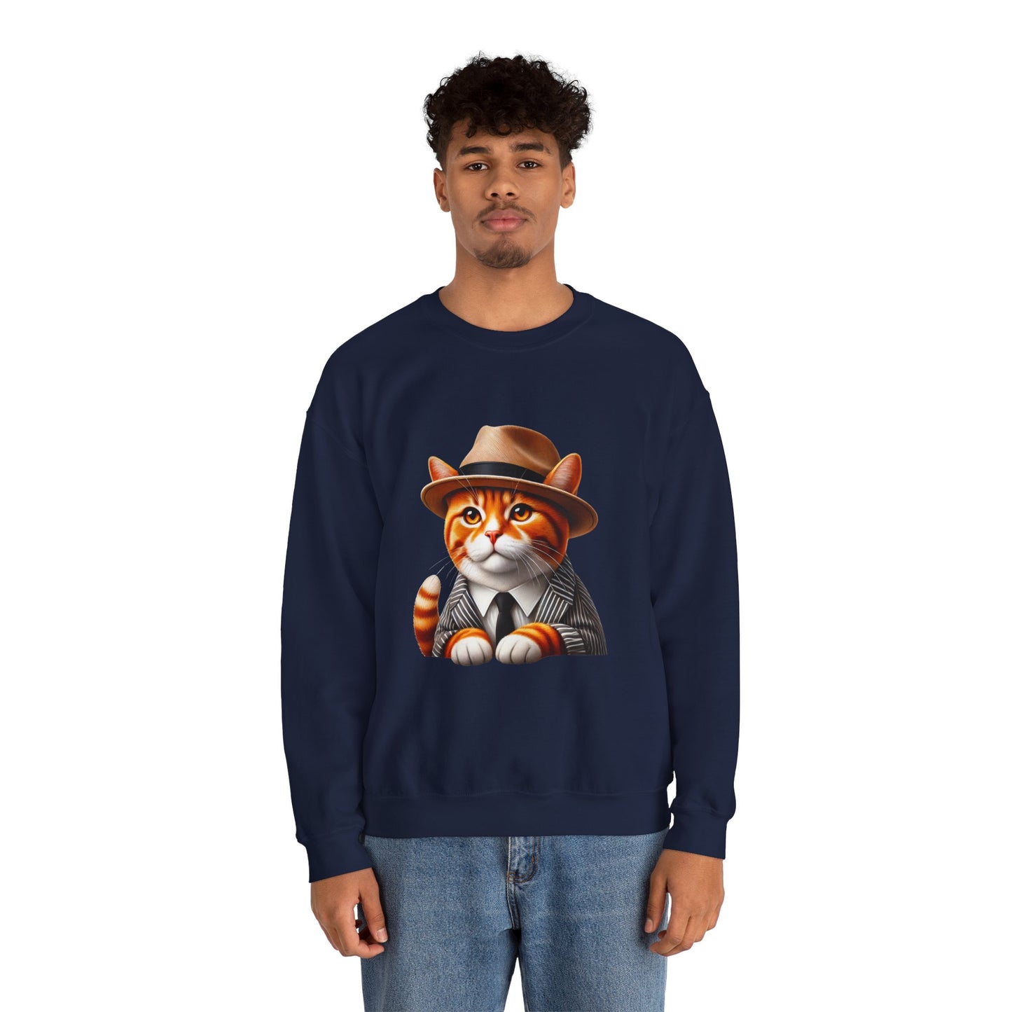 Tabby Cat Wearing A Fedora And Suit - Adult Crewneck Sweatshirt - Too Cute Pets