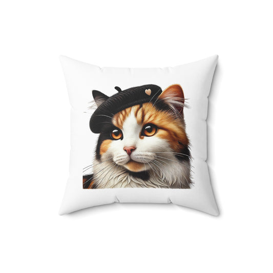 Calico Cat Wearing a Beret - Throw Pillow