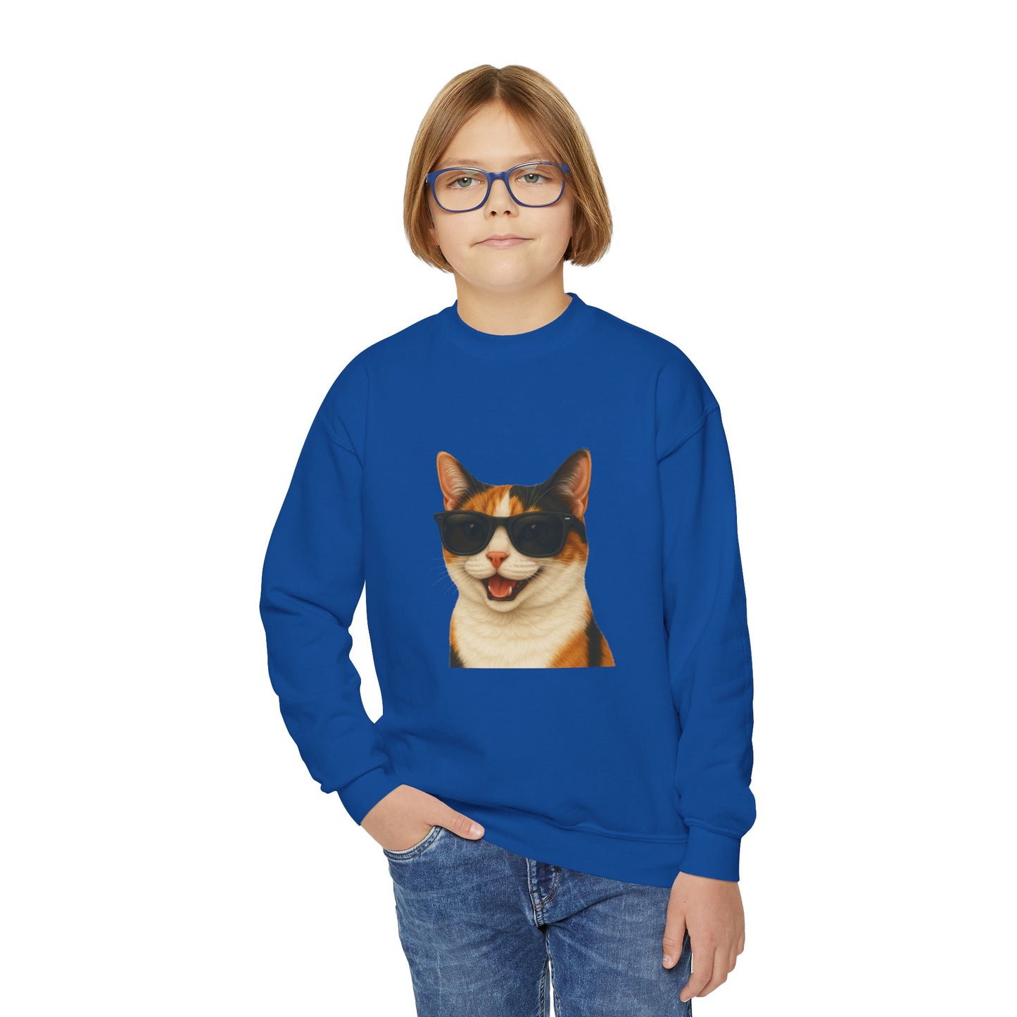 Calico Shorthair Cat Wearing Sunglasses - Youth Crewneck Sweatshirt