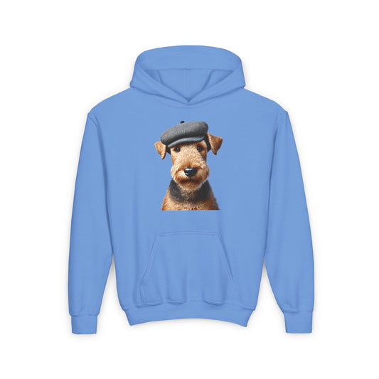 Aerdale Terrier in Tweed Flat Cap-  Youth Hoodie- Too Cute Pets