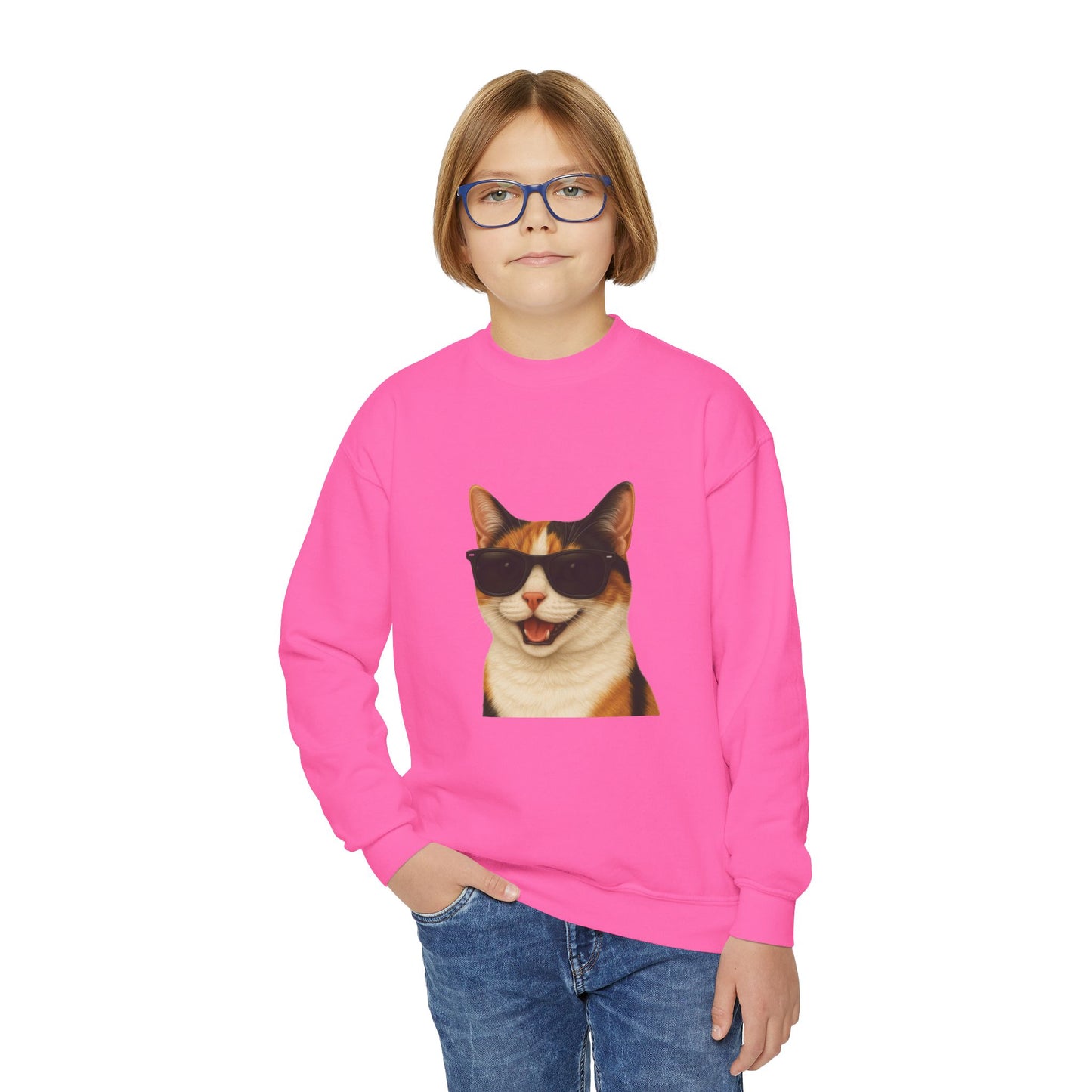 Calico Domestic Shorthaired Cat Wearing Sunglasses - Youth Sweatshirt