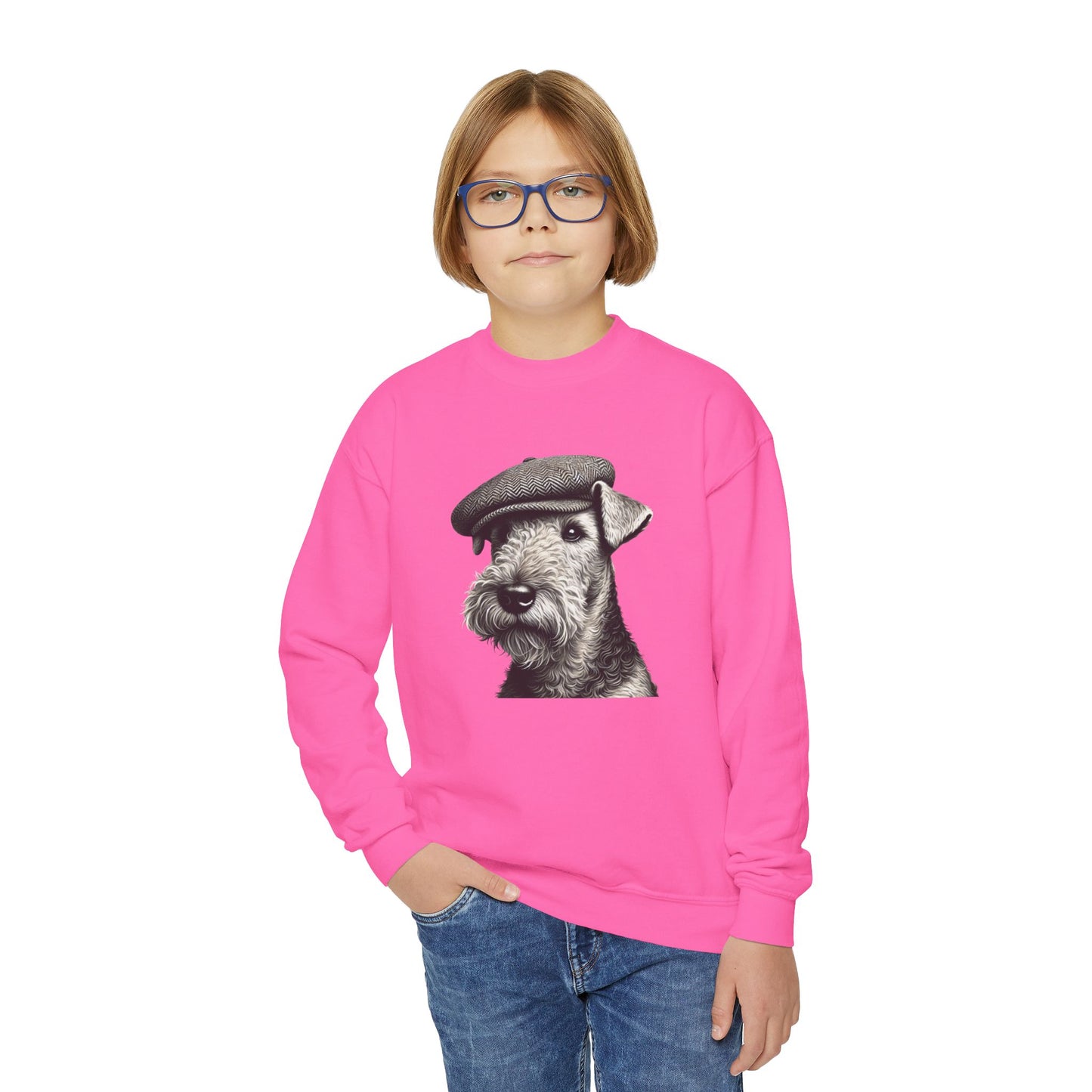 Aerdale Terrier Wearing Tweed Flat Cap (Black & White) Youth Crewneck Sweatshirt - Too Cute Pets