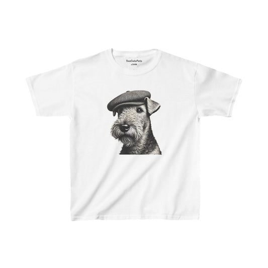 Aerdale Terrier Wearing Tweed Flat Cap (Black & White)-  Youth T-Shirt  - Too Cute Pets