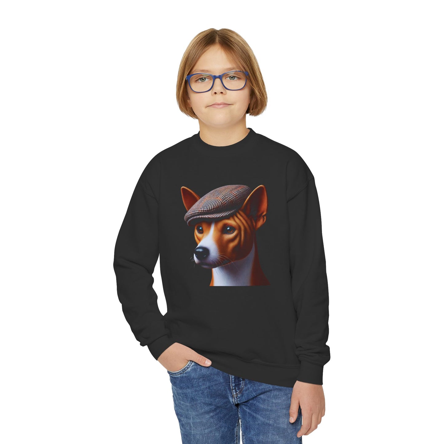 Basenji With Tweed Flat Cap - Youth Crewneck Sweatshirt - Too Cute Pets