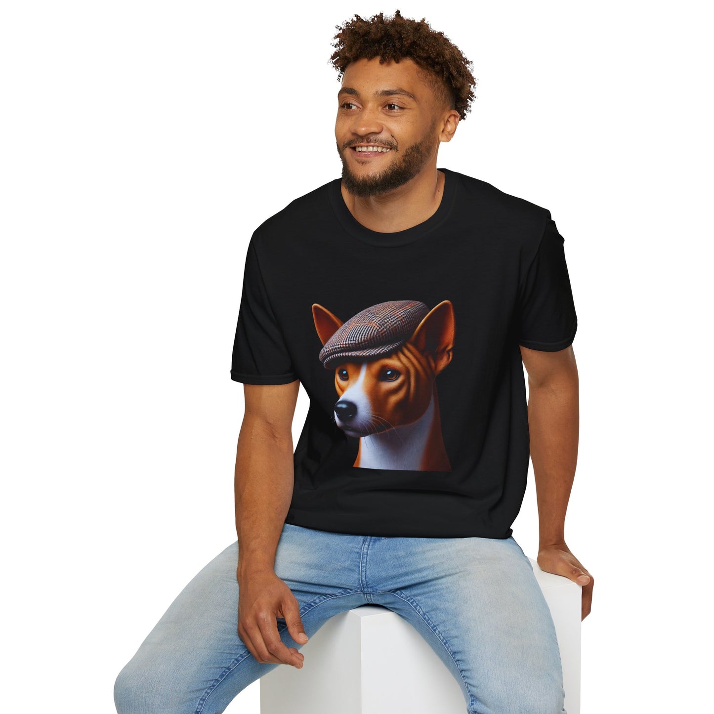 Basenji Wearing Tweed Flat Cap - Adult T-Shirt - Too Cute Pets