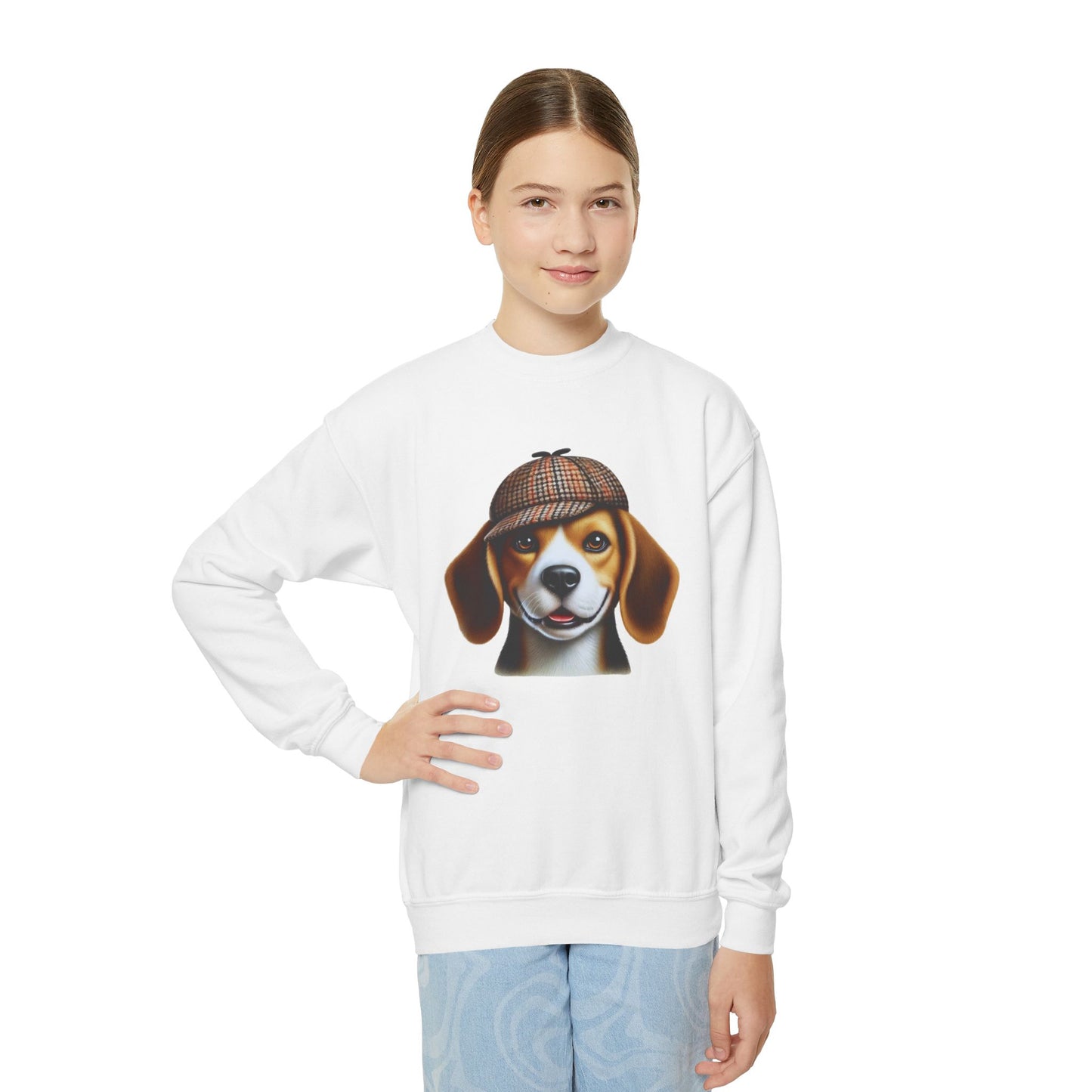 Beagle With Deerstalker Hat - Youth Crewneck Sweatshirt - Too Cute Pets