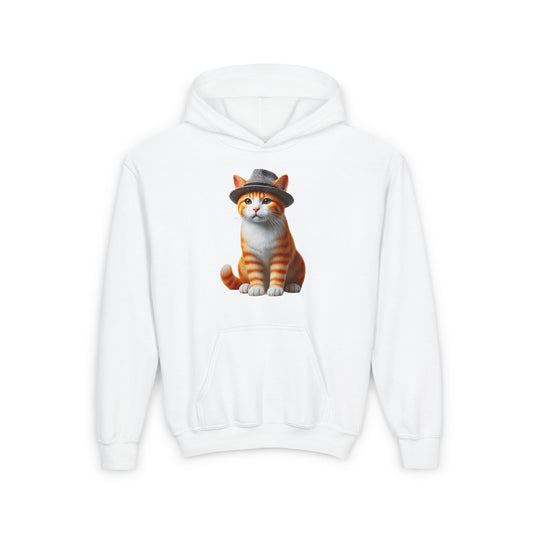 Tabby Kitten With Fedora Hat - Hooded Youth Sweatshirt - Too Cute Pets