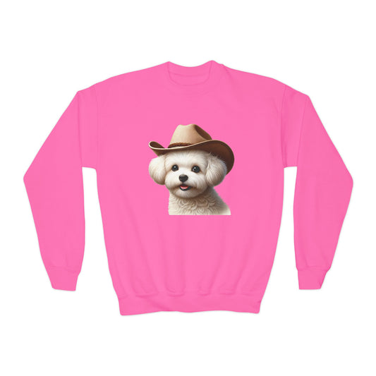 Maltese Wearing Cowboy Hat Youth Crewneck Sweatshirt - Too Cute Pets