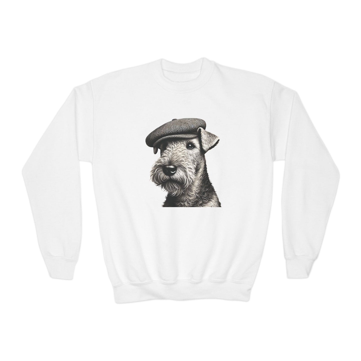Airedale Terrier Wearing Tweed Flat Cap (Black & White) Youth Crewneck Sweatshirt - Too Cute Pets