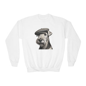 Airedale Terrier Wearing Tweed Flat Cap (Black & White) Youth Crewneck Sweatshirt - Too Cute Pets
