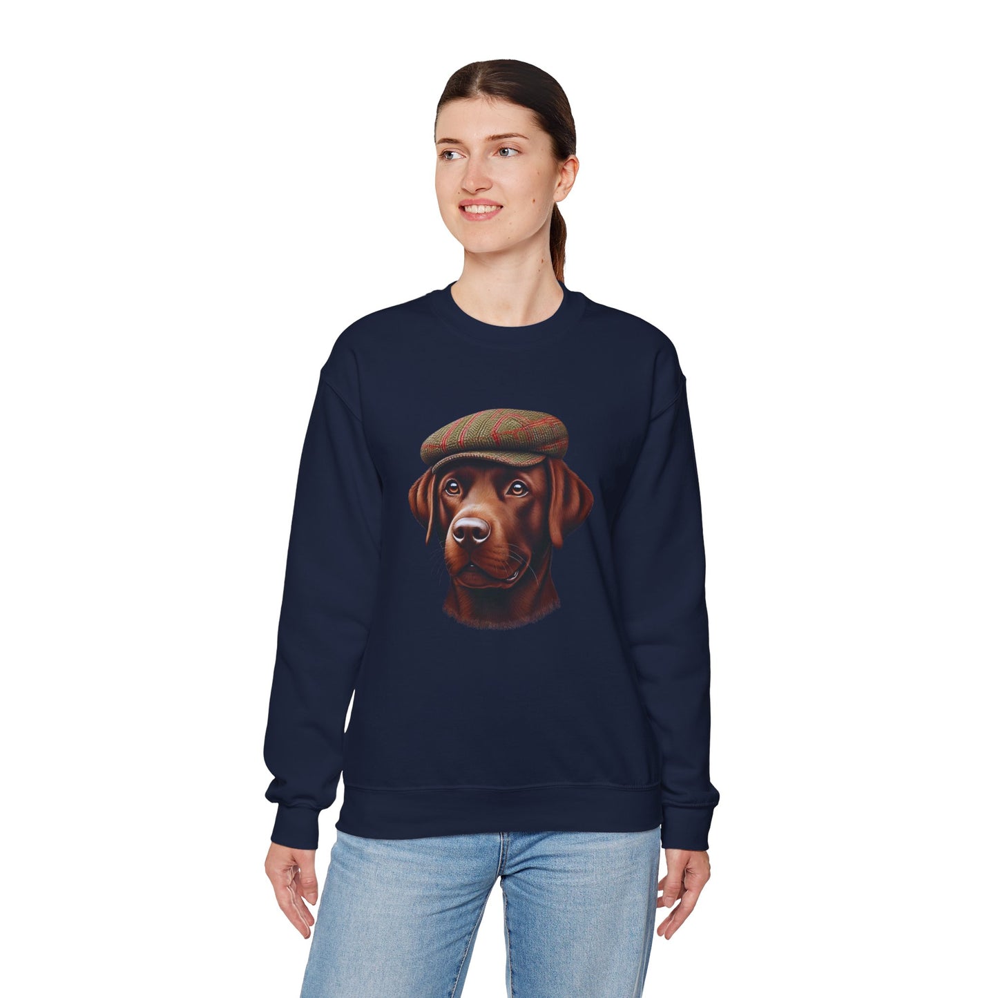 Brown Labrador Wearing Tweed Flat Cap- Adult Crewneck Sweatshirt - Too Cute Pets