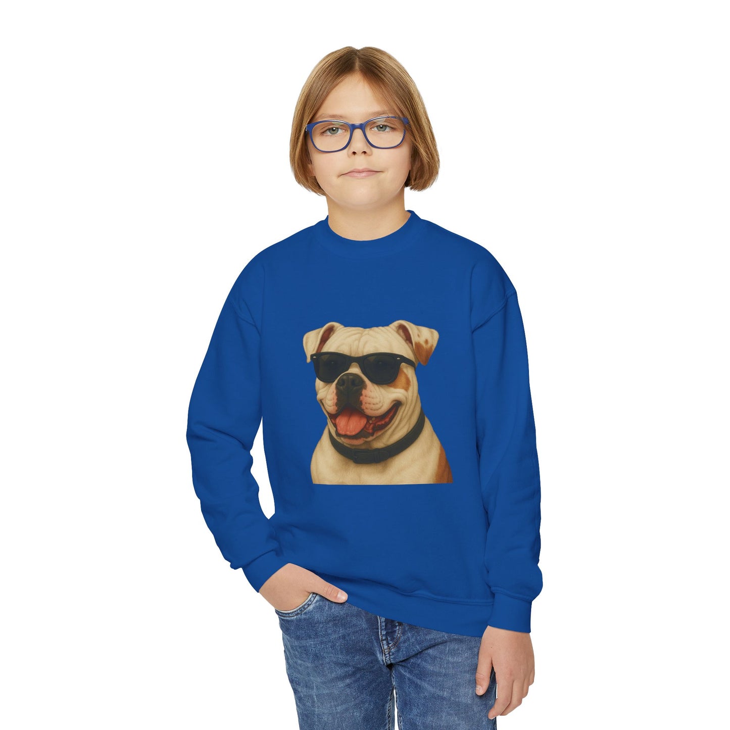 American Bulldog Portrait Youth Crewneck Sweatshirt with Sunglasses Design