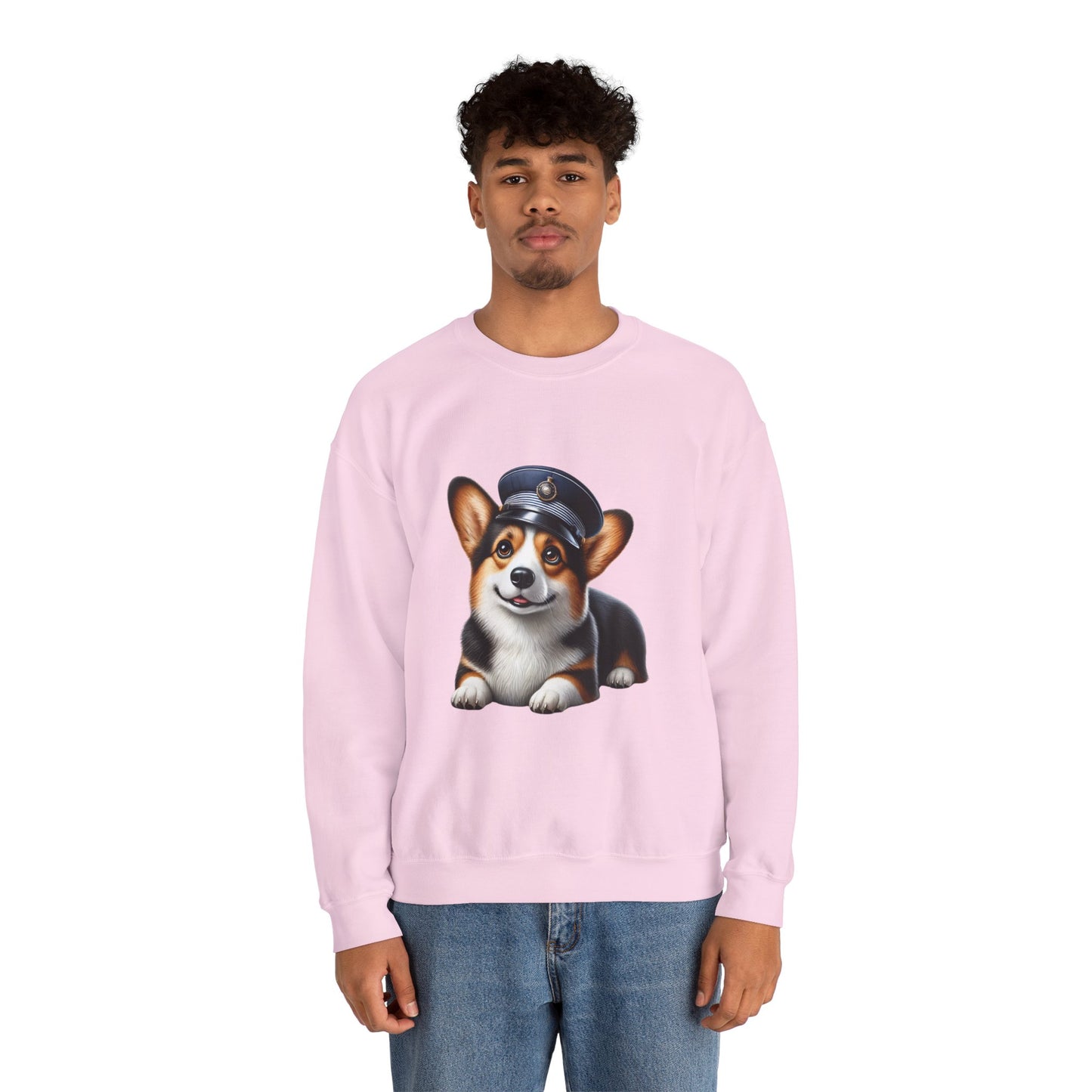 Cute Corgi Wearing A Train Conductors Hat- Adult Crewneck Sweatshirt - Too Cute Pets