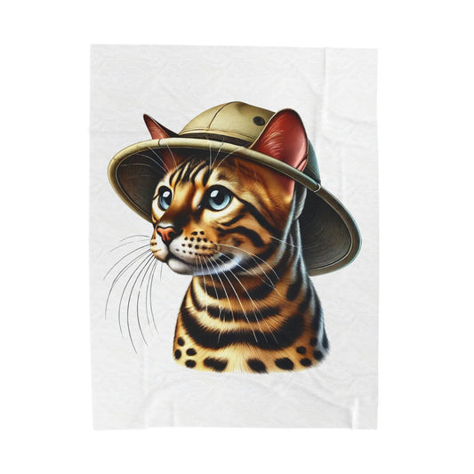 Bengal Cat Wearing a Safari Hat - Sherpa Blanket