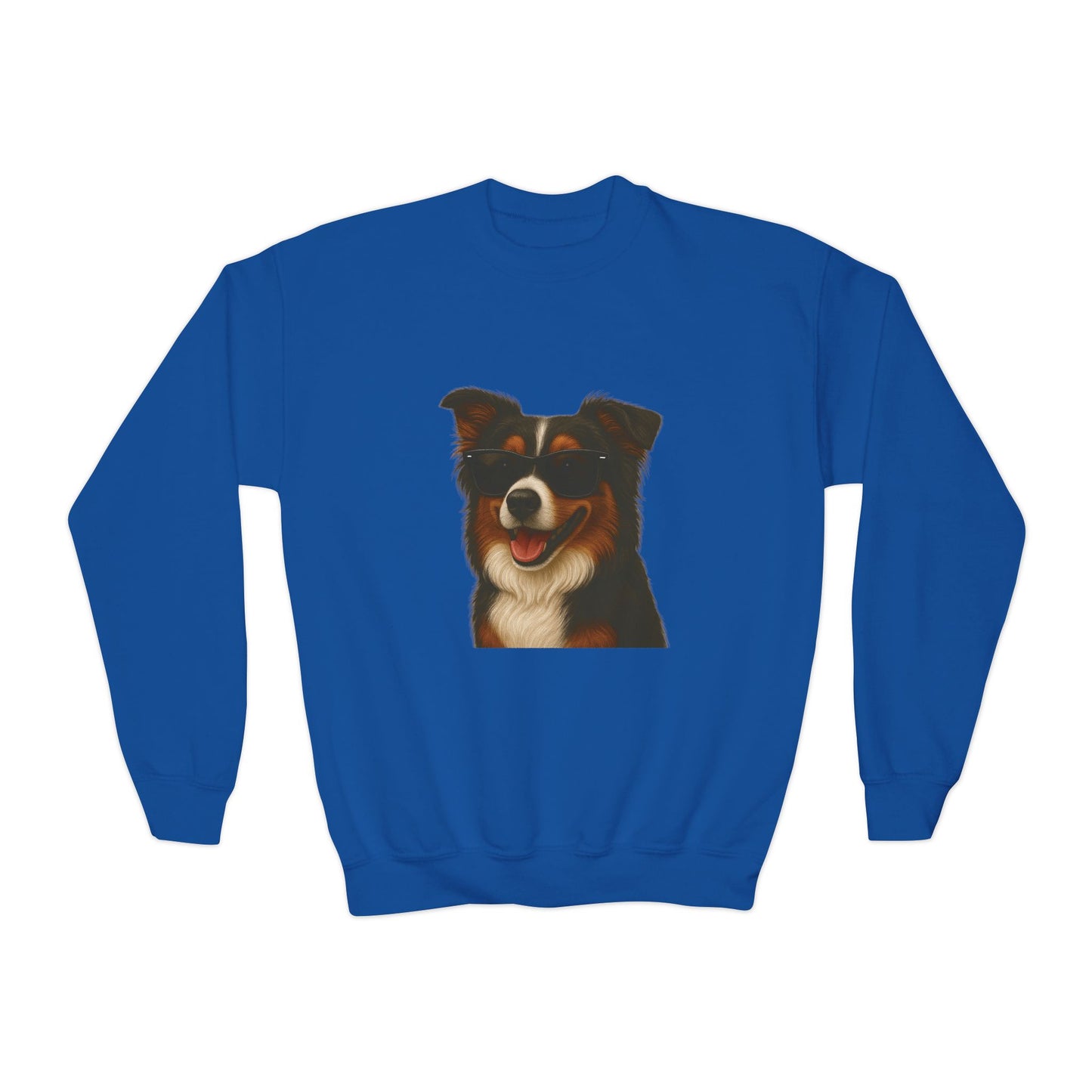 Australian Shepherd Dog Portrait Youth Crewneck Sweatshirt with Sunglasses Design
