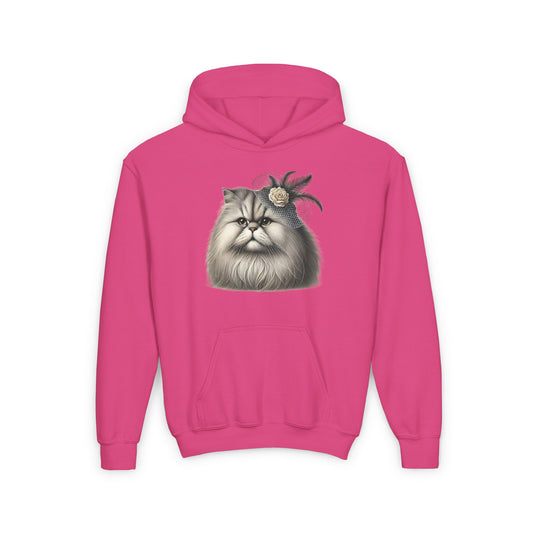 Persian Cat Wearing a Fascinator Hat-  Hooded Youth Sweatshirt - Too Cute Pets