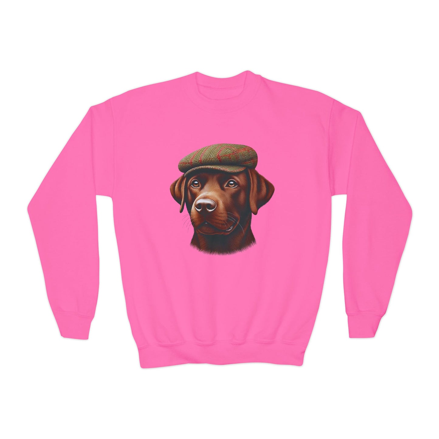 Brown Labrador With Tweed Flat Cap - Youth Crewneck Sweatshirt - Too Cute Pets
