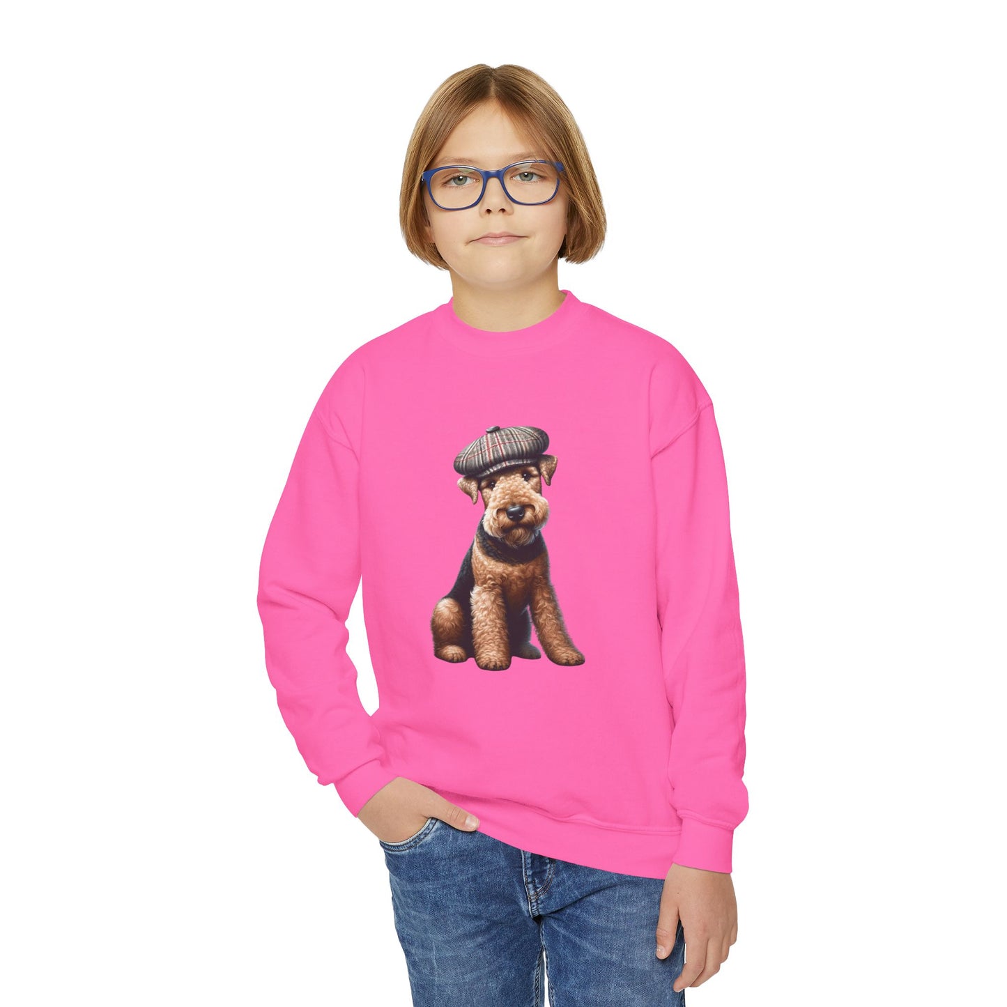 Airedale Terrier Wearing Tweed Flat Cap #2-  Youth Crewneck Sweatshirt - Too Cute Pets