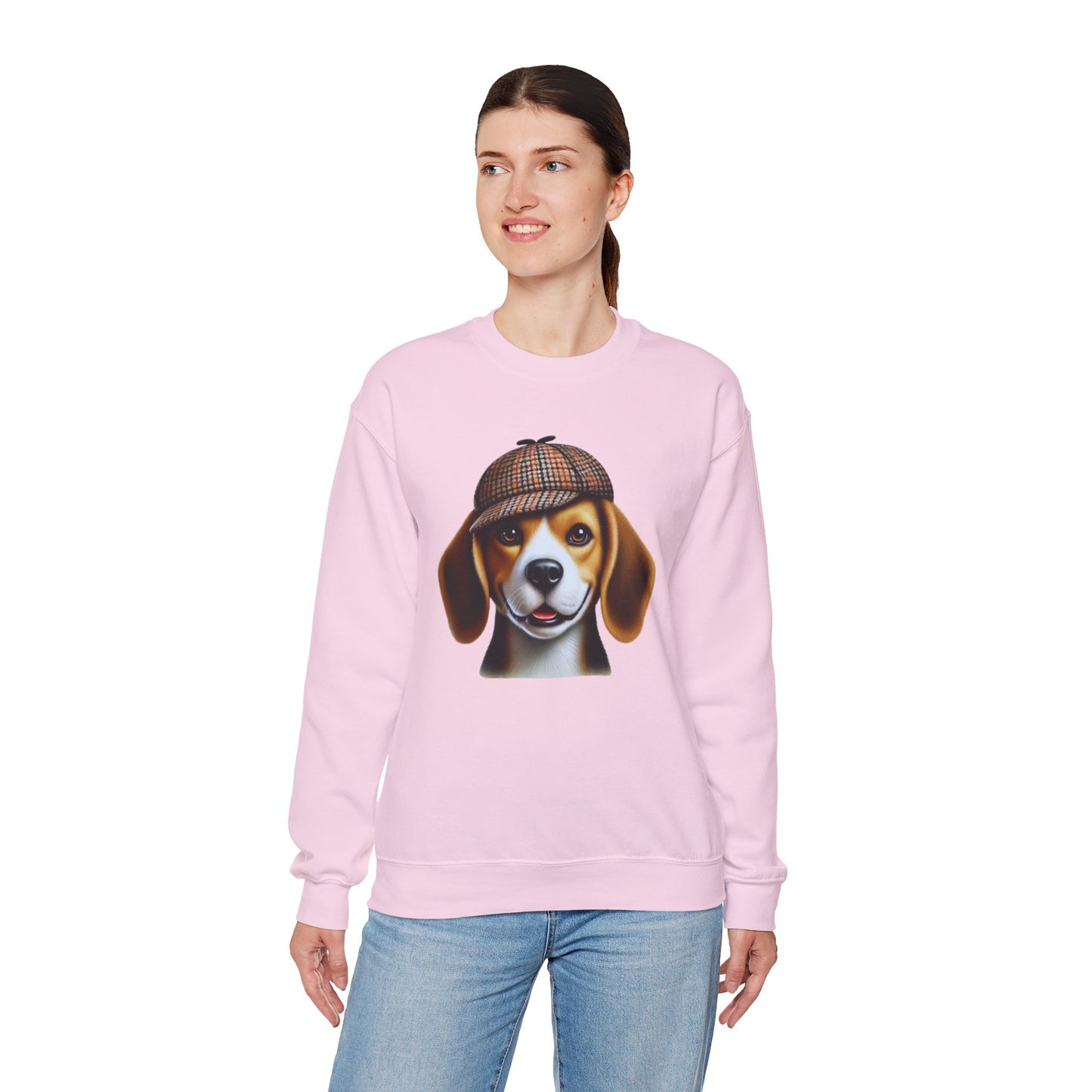 Smiling Beagle Wearing Deerstalker Hat - Adult Crewneck Sweatshirt - Too Cute Pets