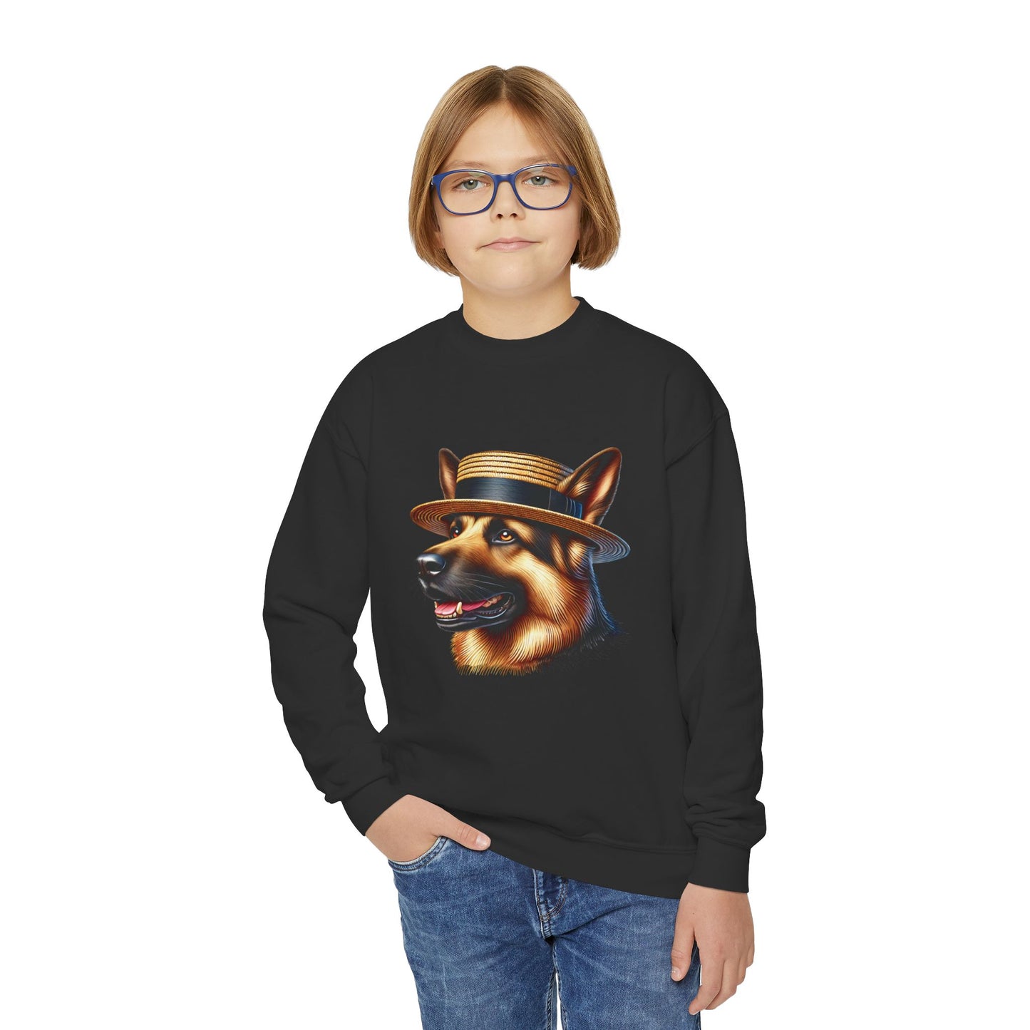 German Shepherd With Boater Hat - Youth Crewneck Sweatshirt - Too Cute Pets