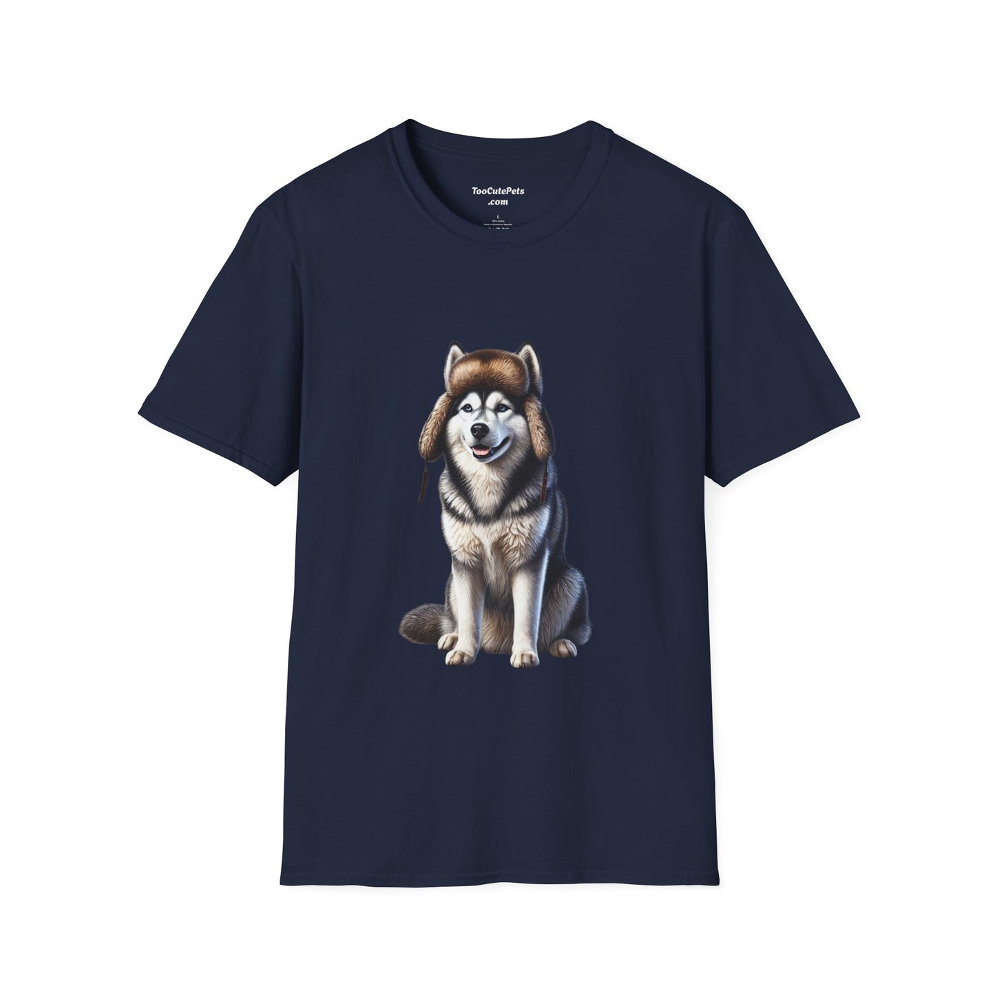 Husky Wearing A Fur Trappers hat- Adult T-Shirt - Too Cute Pets