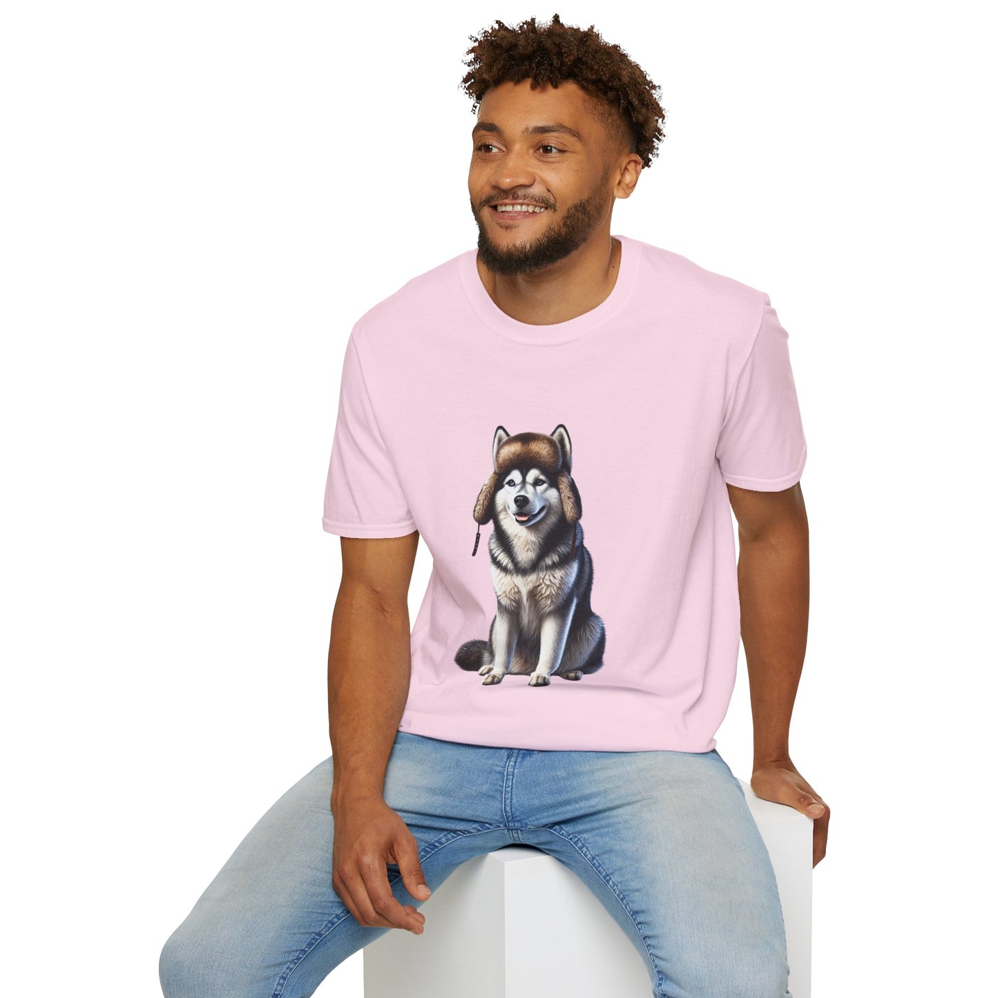 Husky Wearing A Fur Trappers hat- Adult T-Shirt - Too Cute Pets