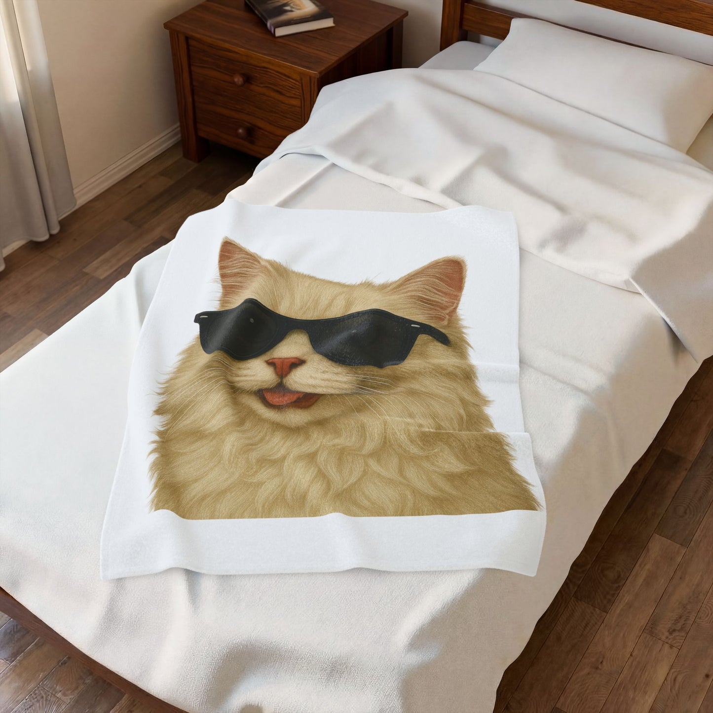 Cream Longhair Cat Wearing Sunglasses - Sherpa Blanket