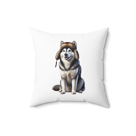 Husky Wearing a Fur Hunter Hat - Throw Pillow